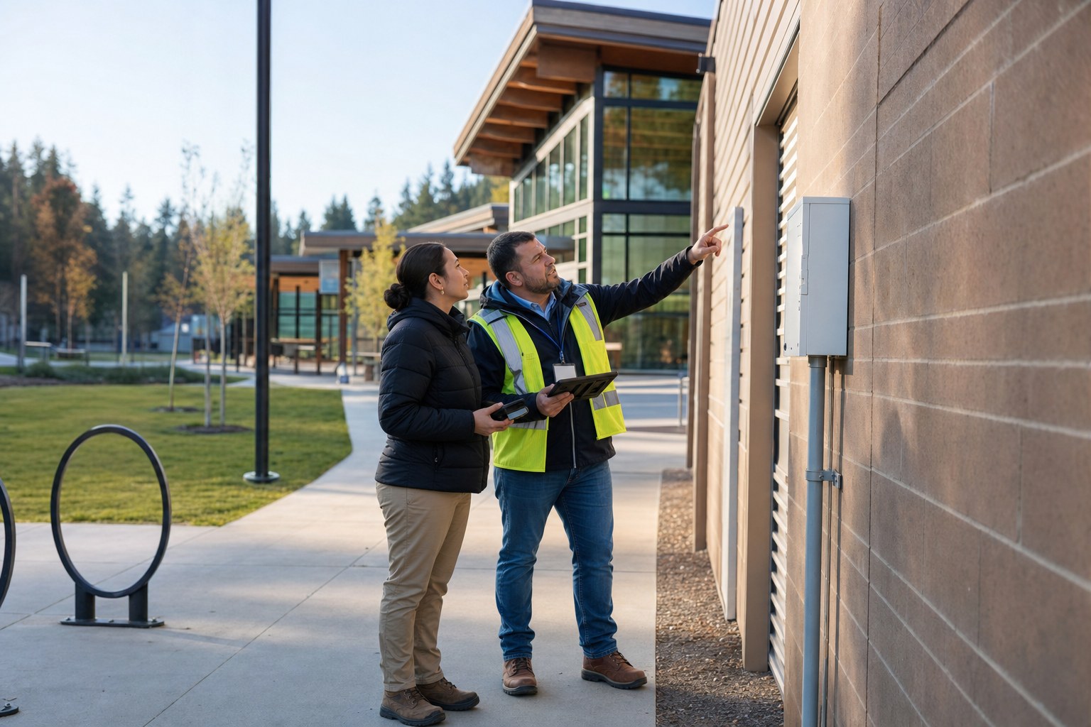 A field technician and facilities colleague reviewing an exterior equipment location at a community building