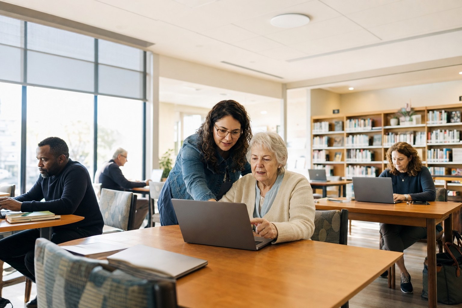 Residents using reliable public access in a library
