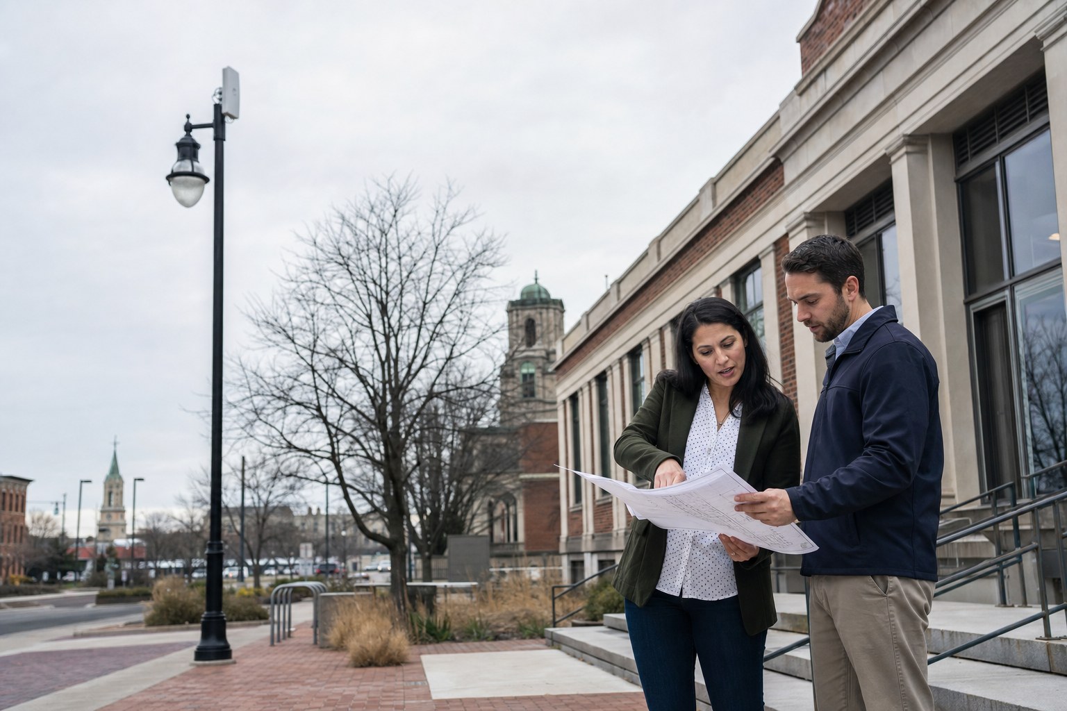 Municipal project planning outside a civic building