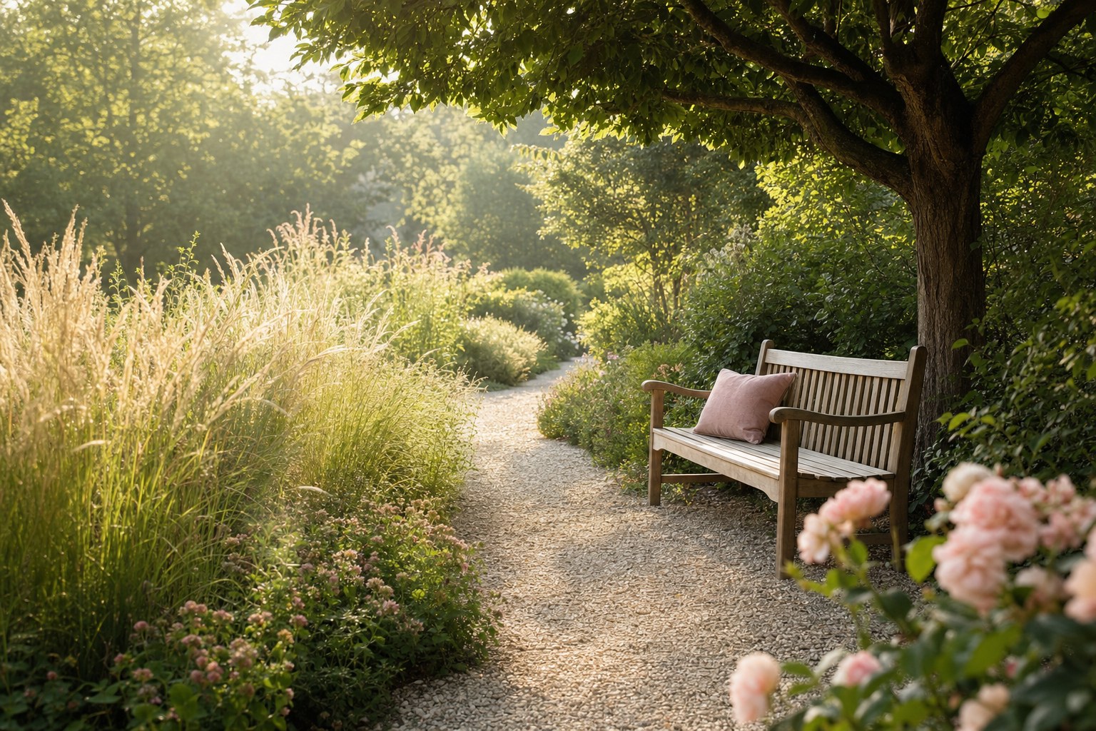 Garden path and bench in soft summer light