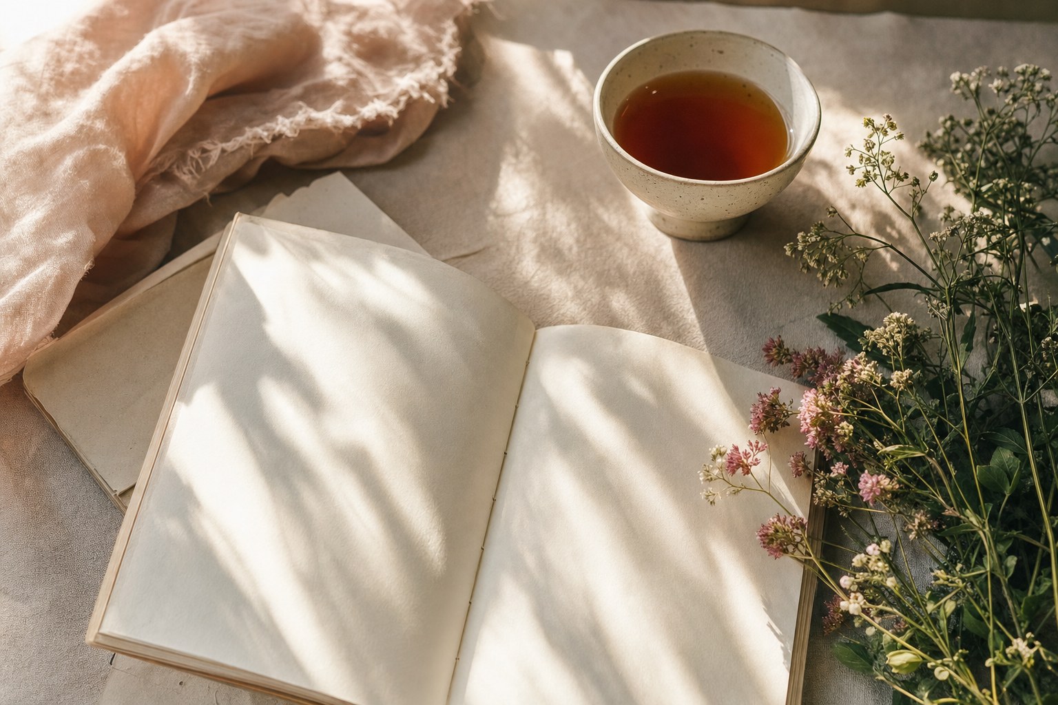 Open journal, tea, and summer flowers in morning light