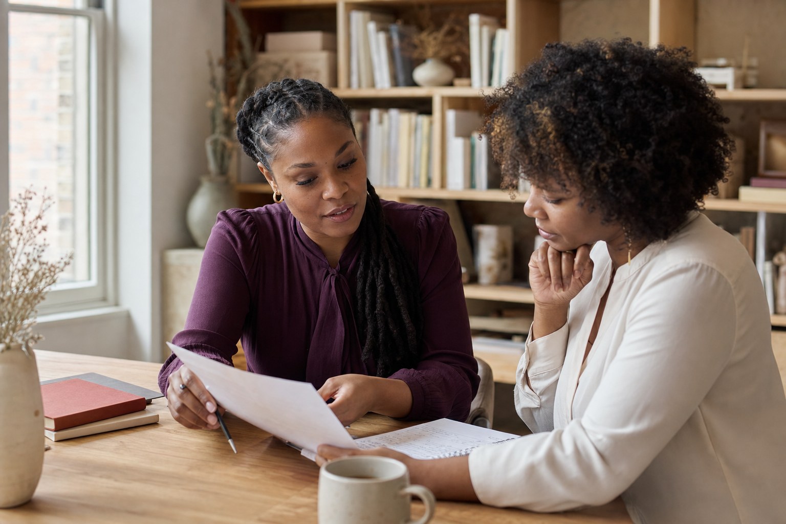 Coach and client reviewing career materials together