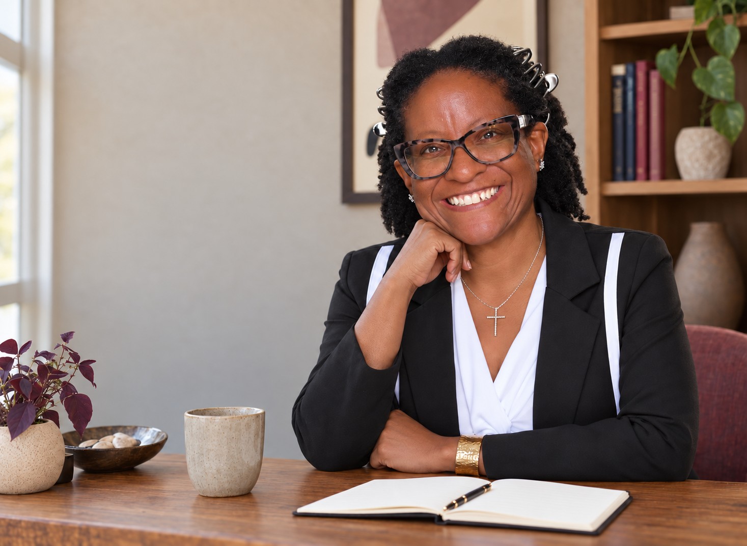 Lisa Marii seated at her desk
