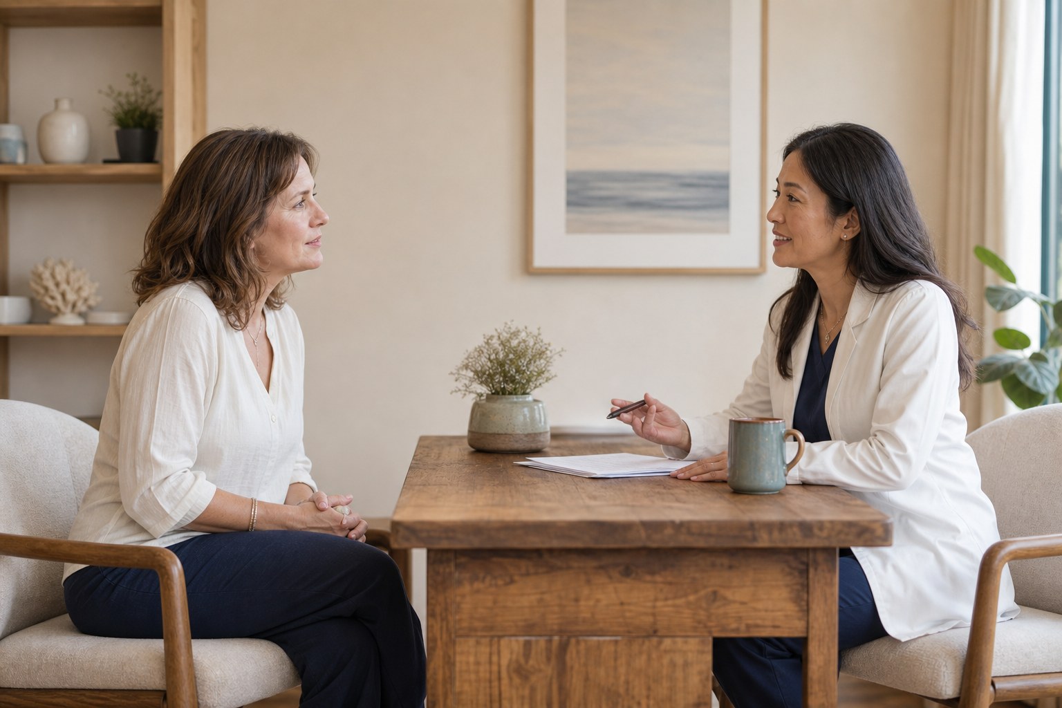 Patient and clinician talking together in a calm clinic