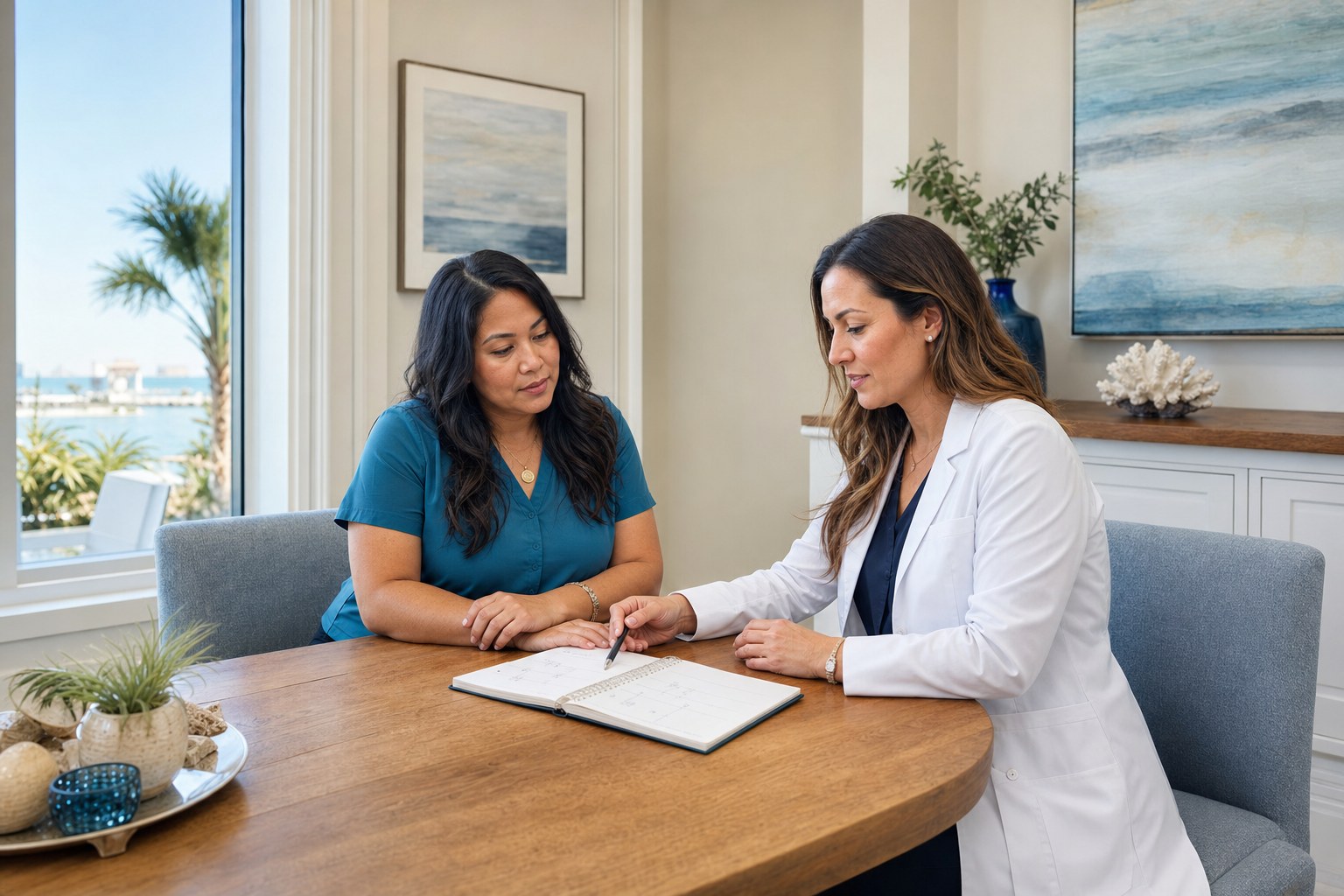 Patient and clinician reviewing a health timeline together in a calm clinic