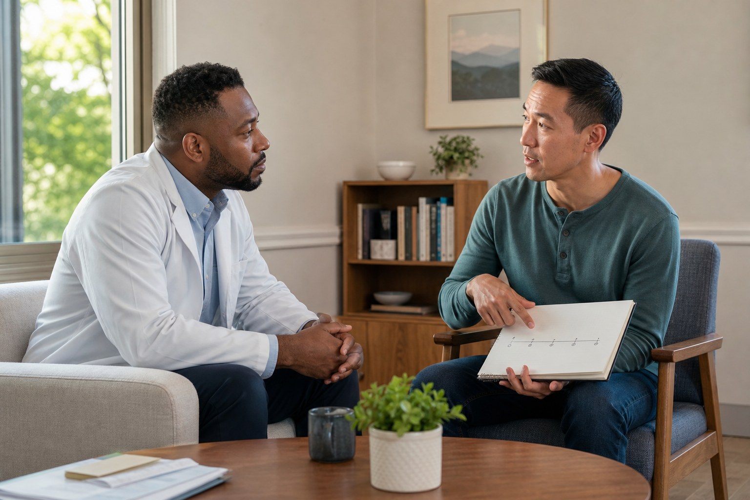 Clinician listening as a patient discusses a symptom timeline