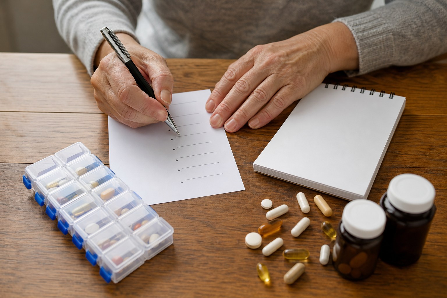Patient making a medication and supplement list beside a pill organizer