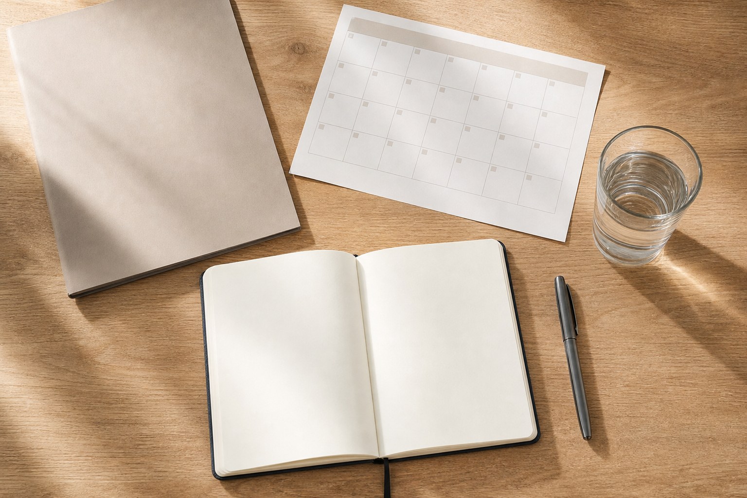 Notebook, calendar, folder, water, and pen arranged for appointment preparation