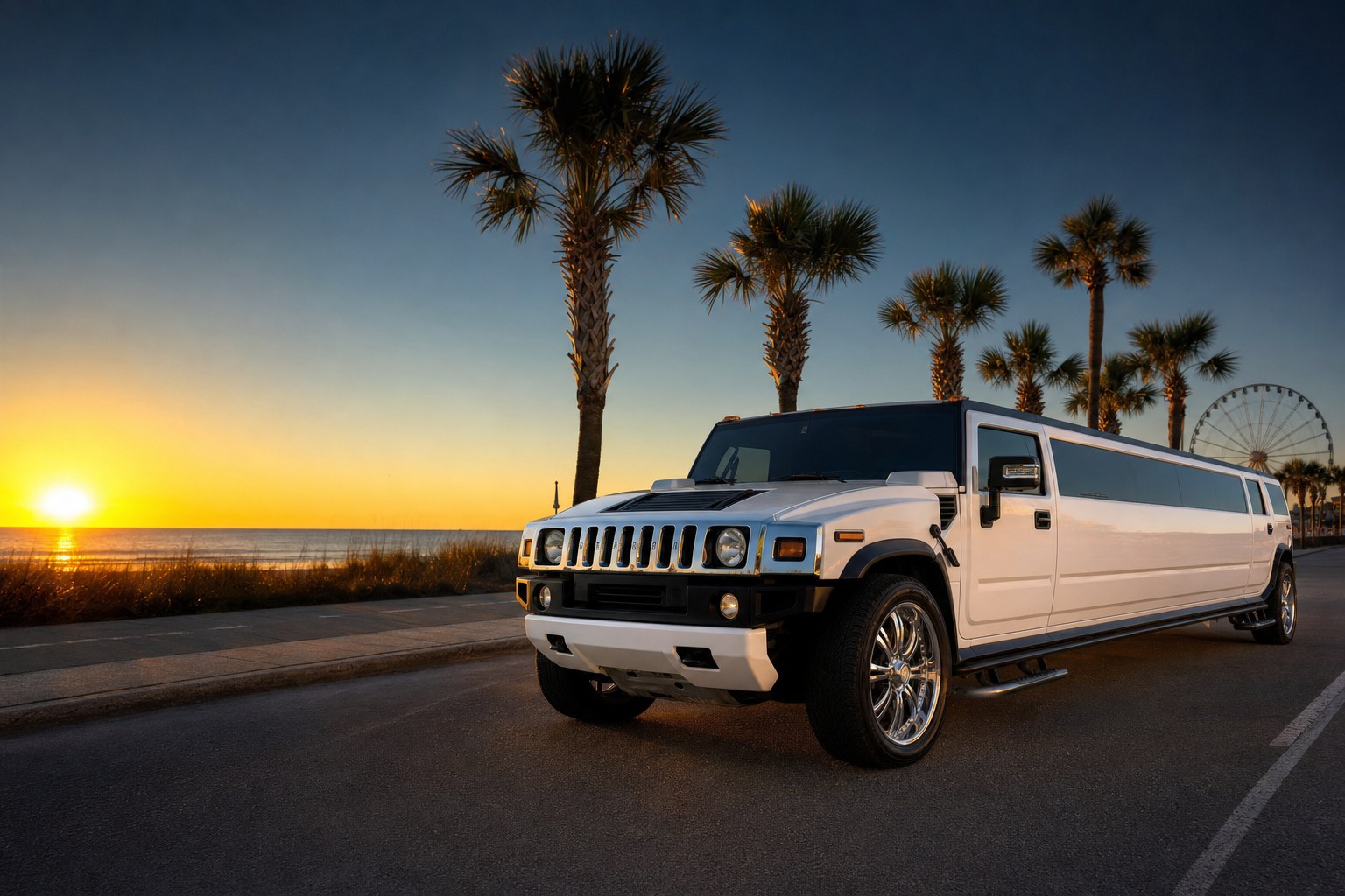 White stretch limousine on the Myrtle Beach coast