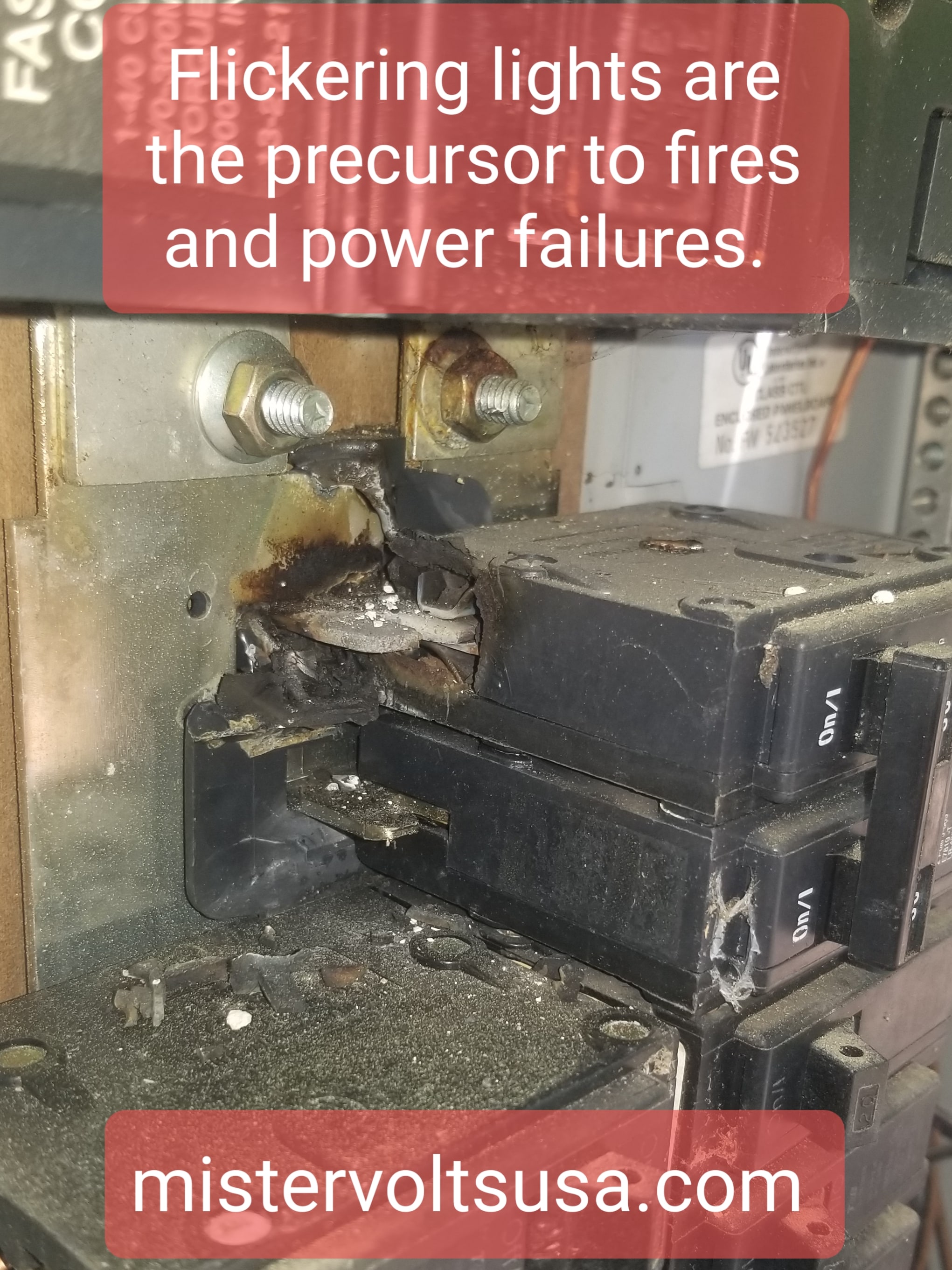 Damaged electrical breaker with visible heat damage