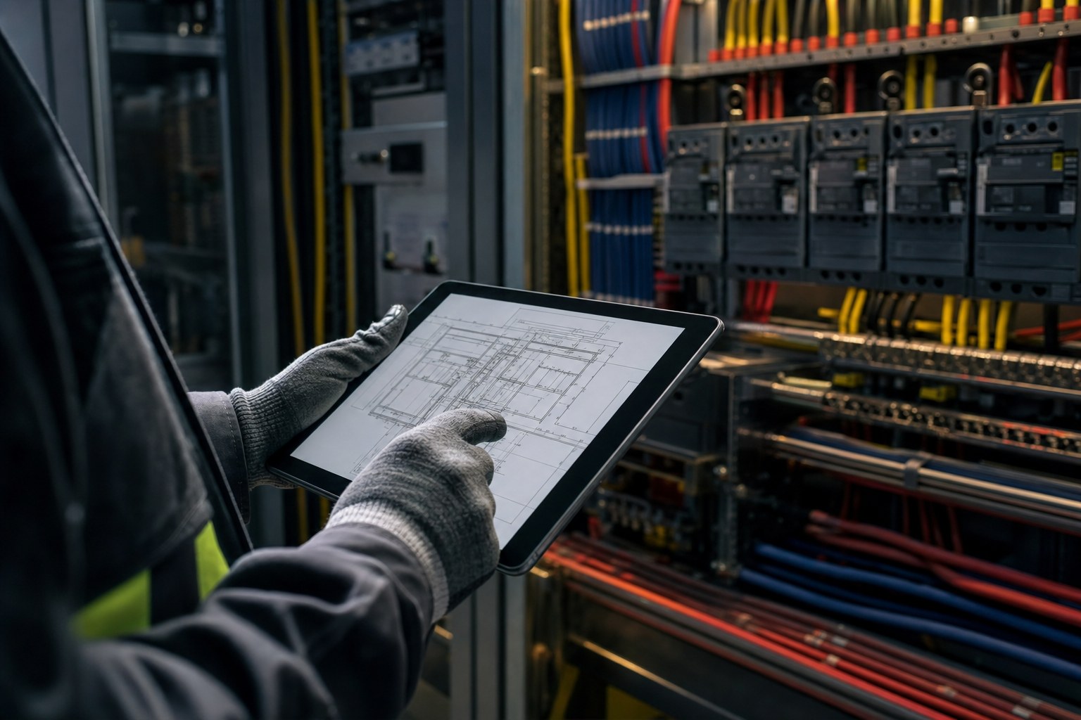 Electrical system design reviewed beside switchgear