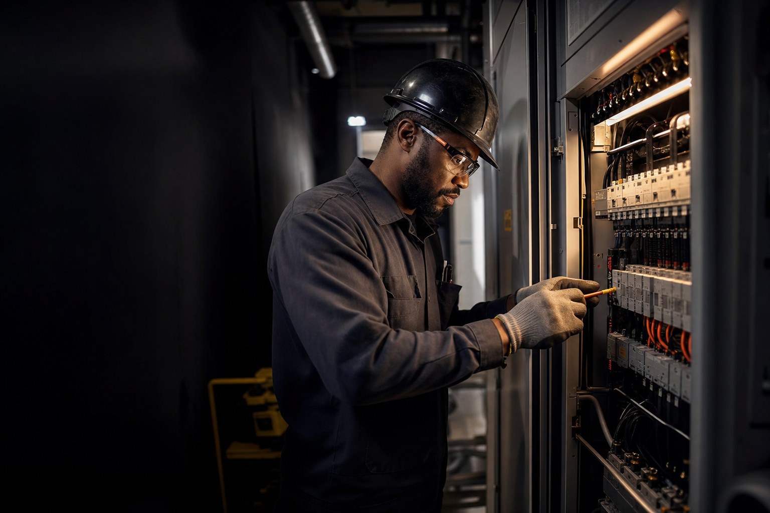 Electrician working inside a commercial electrical panel