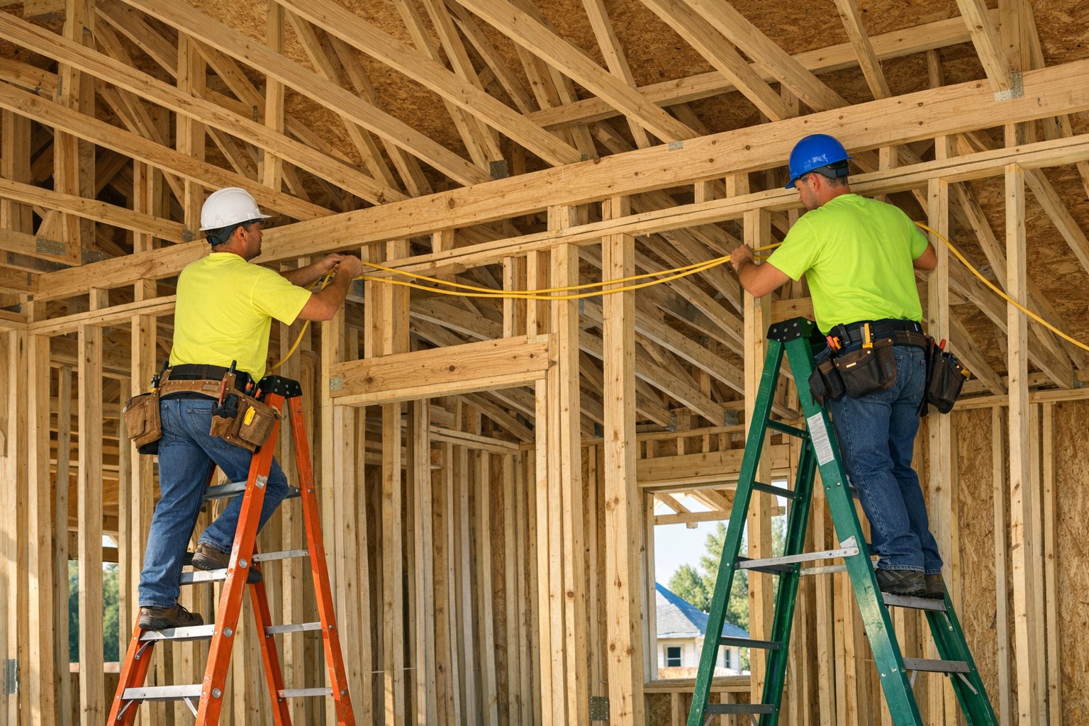 Two electricians pulling wire through the framing of a house under construction