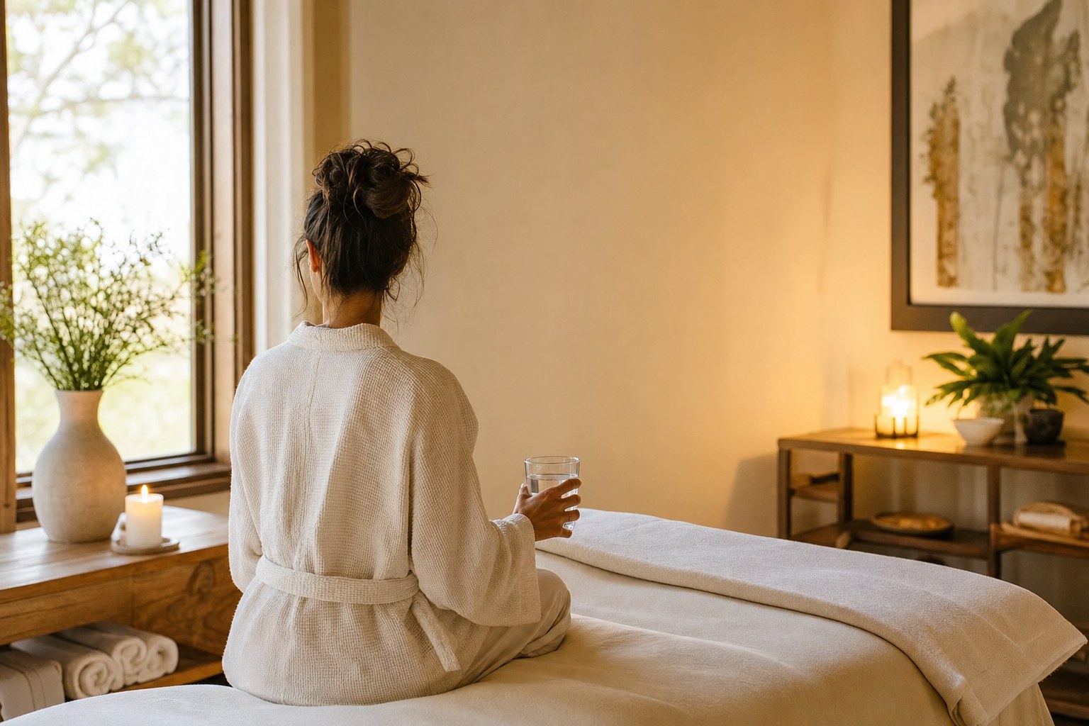 Person in a soft robe resting with a glass of water in a calm treatment room