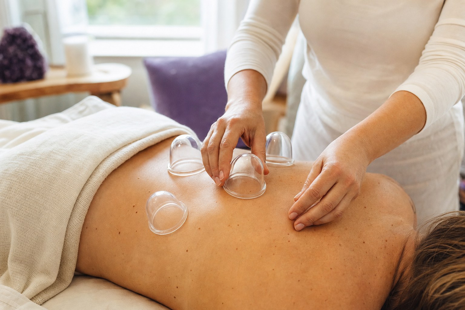 Clear silicone cups being placed during a massage therapy session