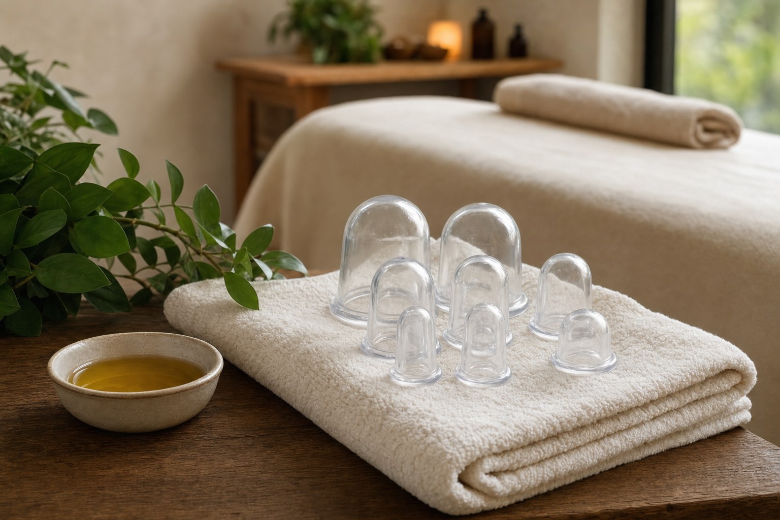Clear silicone massage cups arranged on a folded ivory towel
