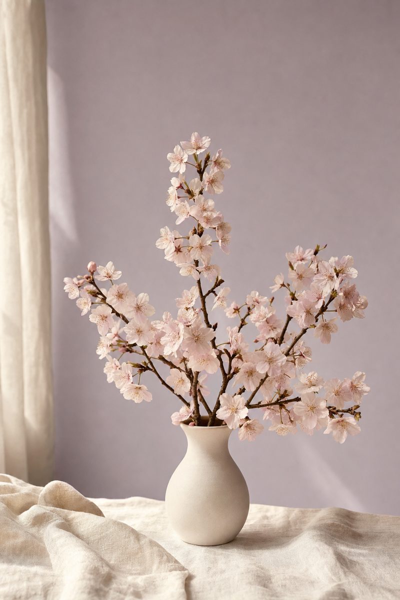 Soft pink cherry blossoms in an ivory vase