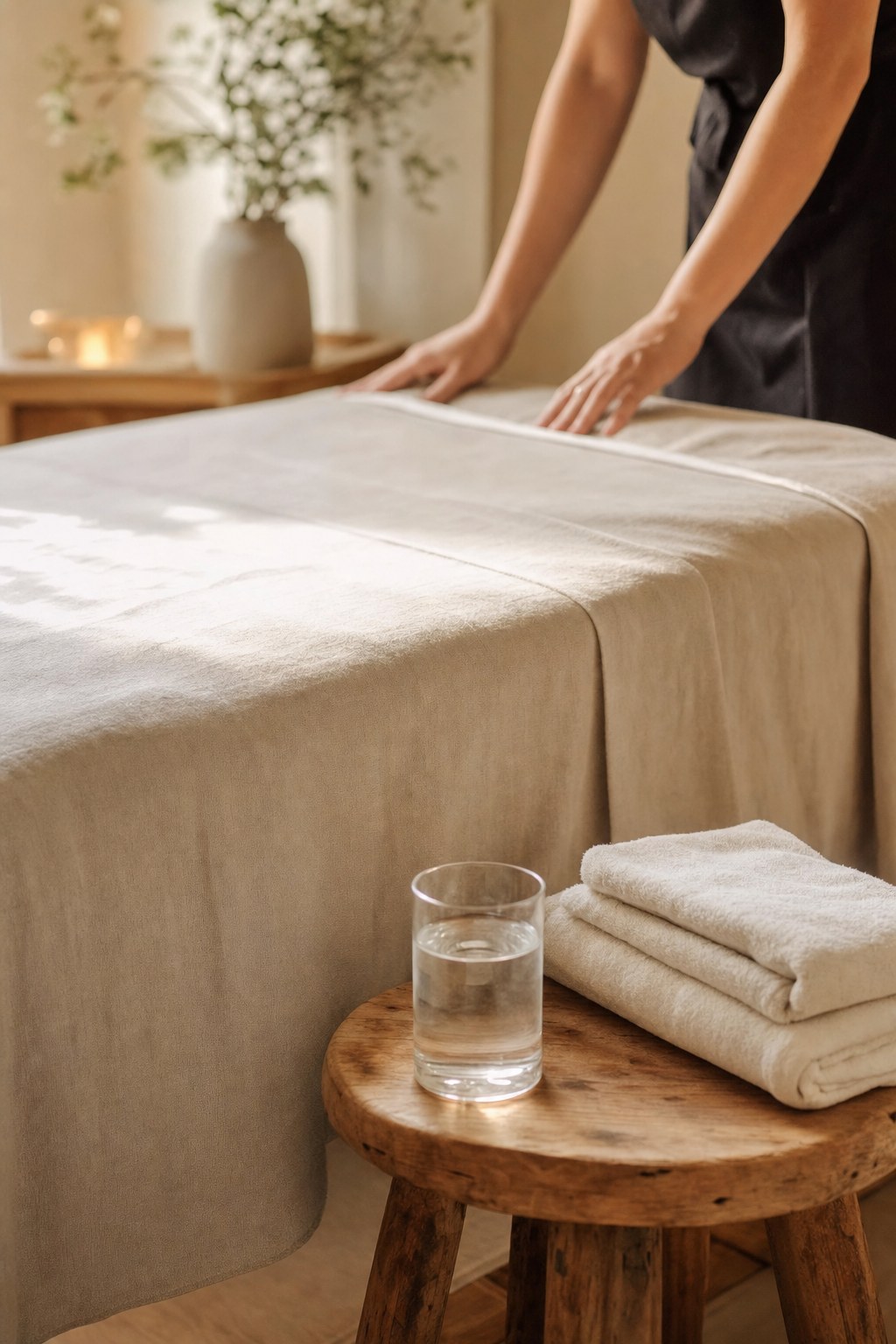 Prepared massage table with folded towels and a glass of water