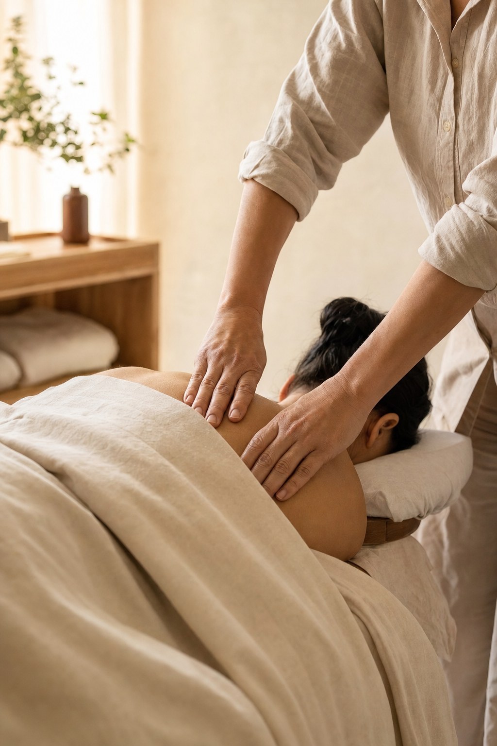 Therapist providing focused back massage in a calm treatment room