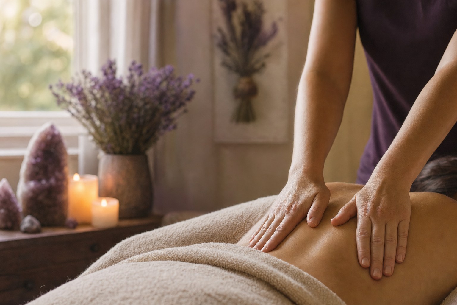 Gentle massage therapy in a calm, lavender-toned treatment room