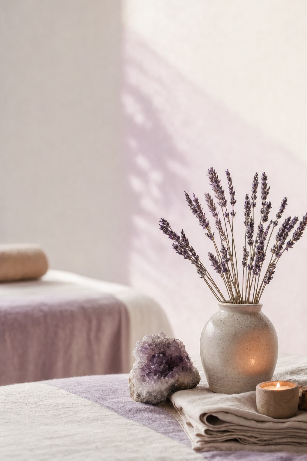 Lavender, crystal, and candle in a peaceful treatment space