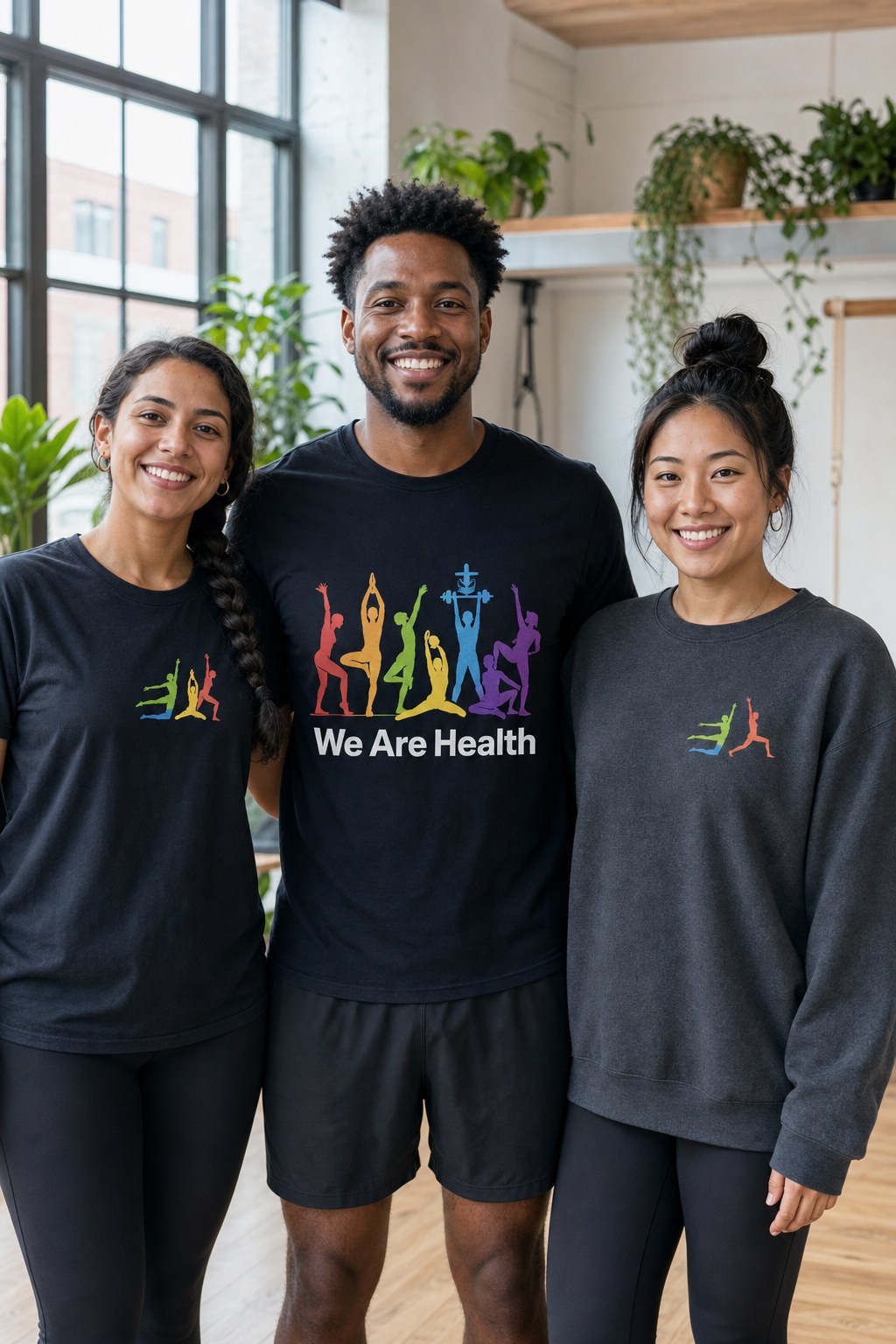 Three people facing forward in Yoga Class We Are Health apparel