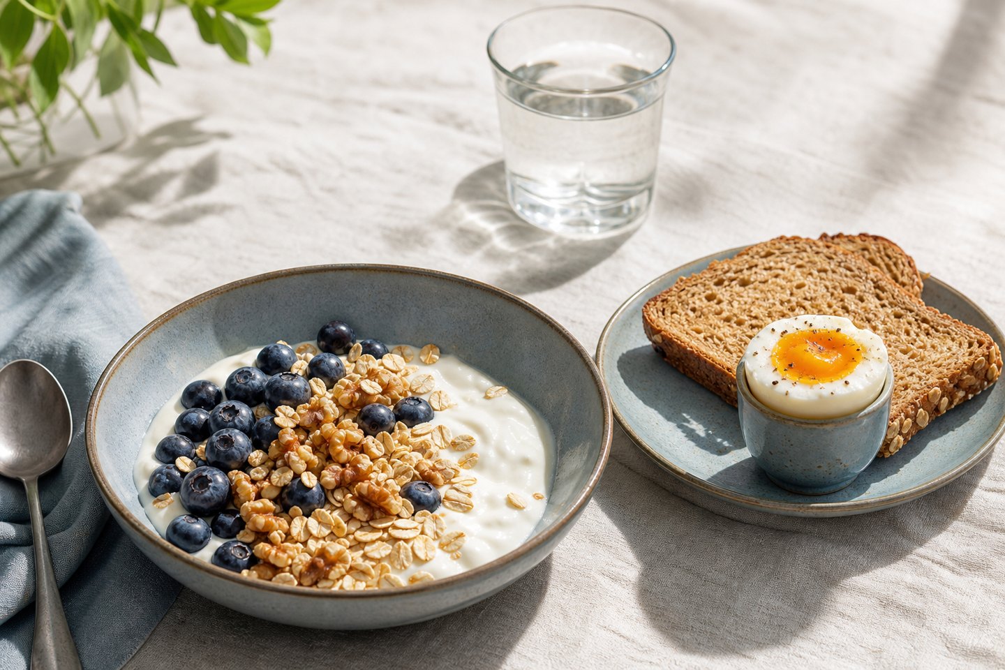 A simple breakfast of oatmeal, berries, yogurt, and whole-grain toast in morning light