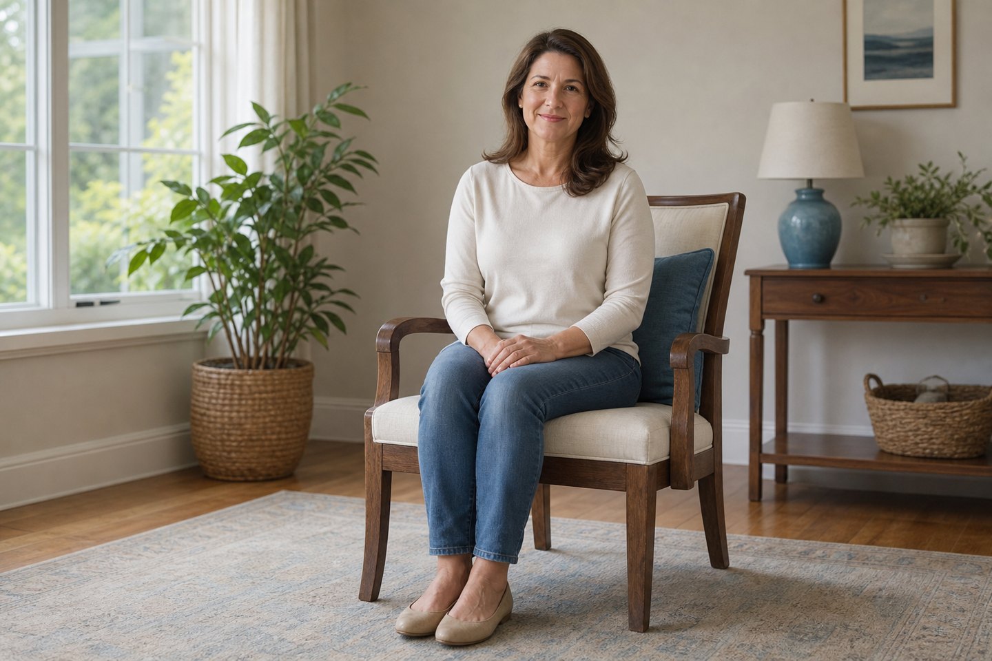 An adult seated comfortably on a chair with feet on the floor in a softly lit room