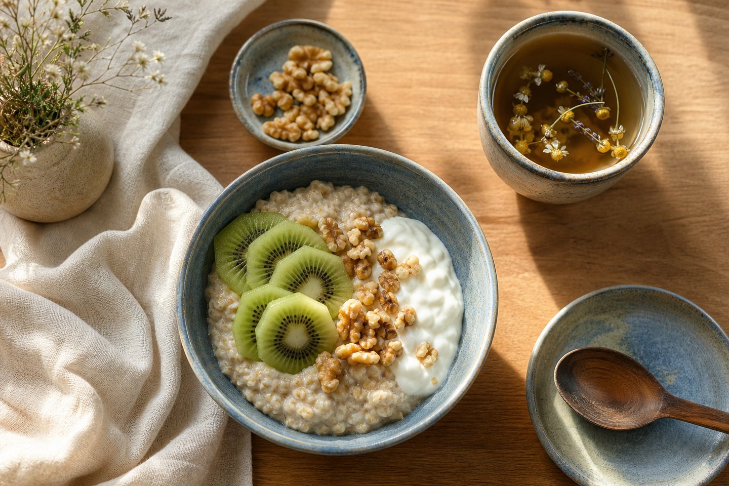 A simple evening meal with vegetables, grains, and a small bowl of yogurt on a warm kitchen table