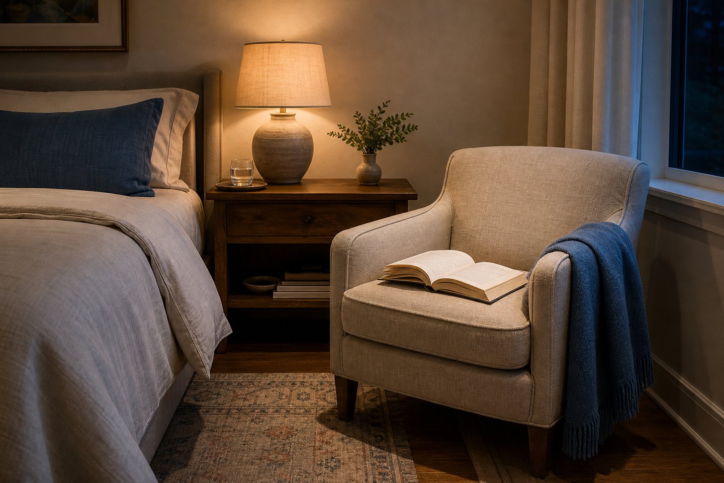 A softly lit bedside table with a closed book, a glass of water, and a simple reading lamp