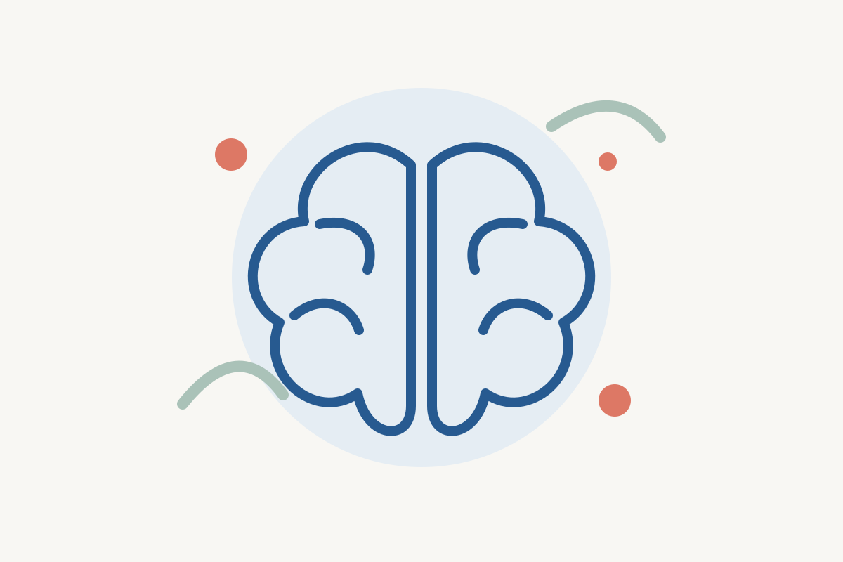 Original blue brain illustration surrounded by soft coral and green accents on a warm paper background