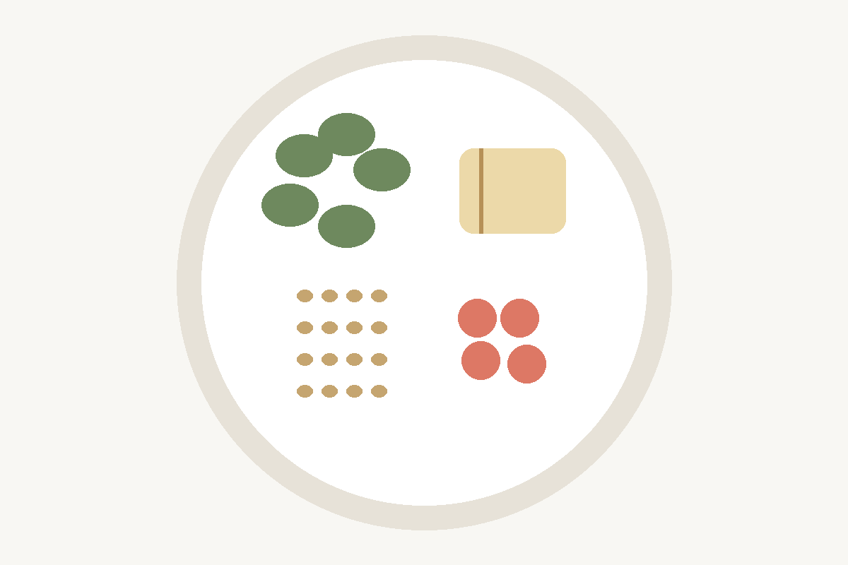 Illustrated plate with vegetables, beans, and grains representing everyday food choices