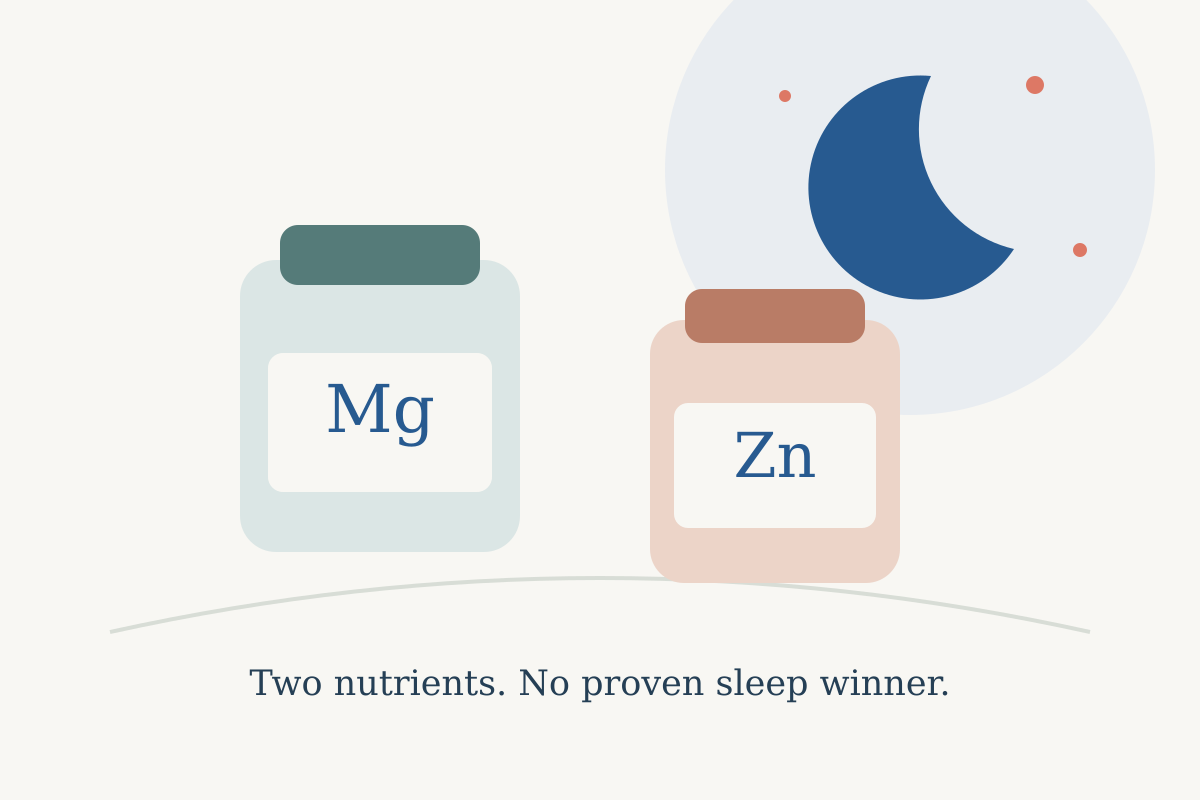 Illustrated magnesium and zinc containers beside a crescent moon, with the message: Two nutrients. No proven sleep winner.