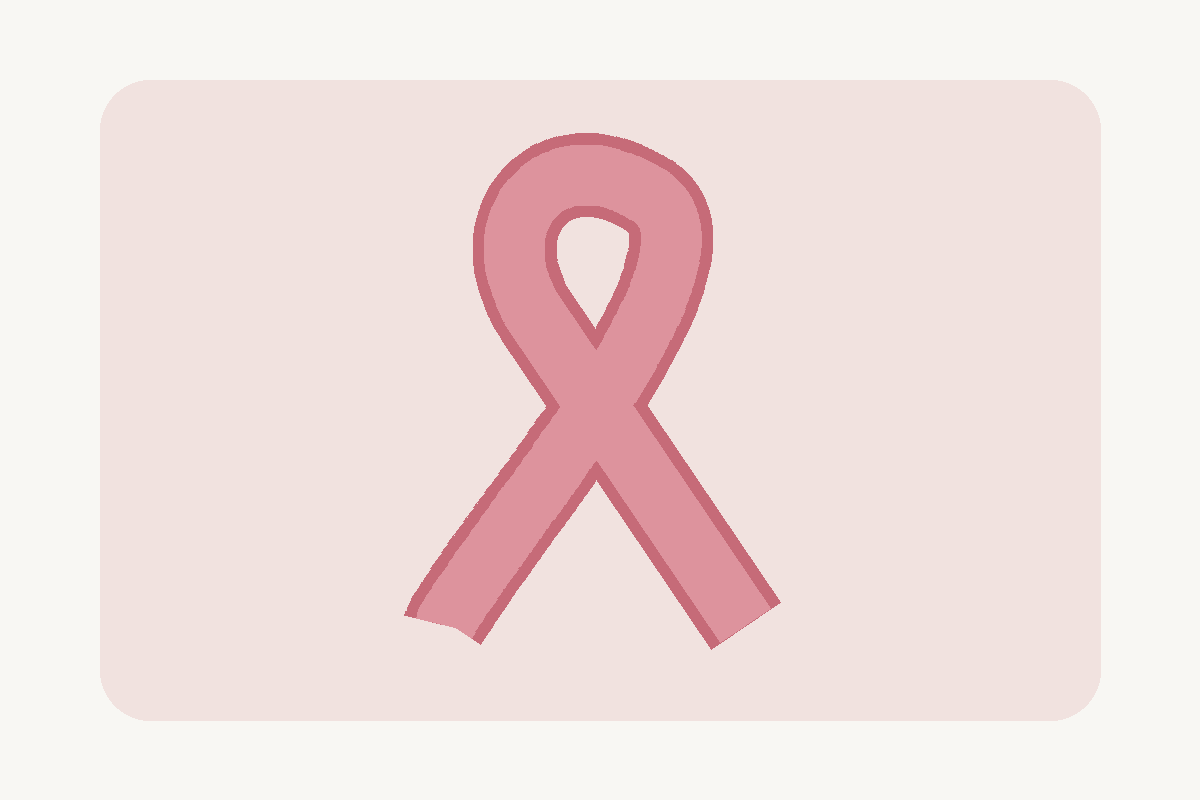 Pink awareness ribbon with crossed tails on a warm paper background