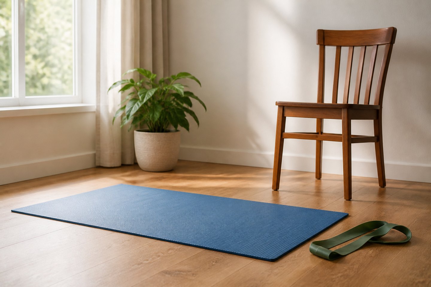 Blue exercise mat and a sturdy chair in a bright, quiet room