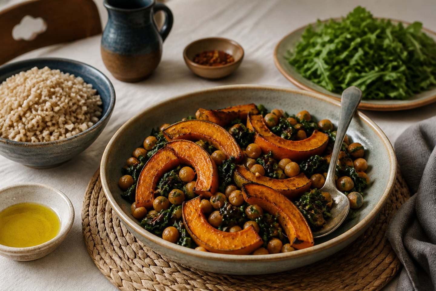 Roasted squash, chickpeas, leafy greens, barley, and olive oil in ceramic dishes