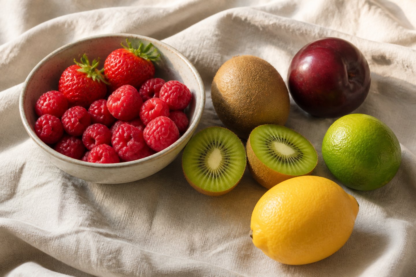 Berries, sliced kiwi, plum, lemon, and lime arranged on a light kitchen table