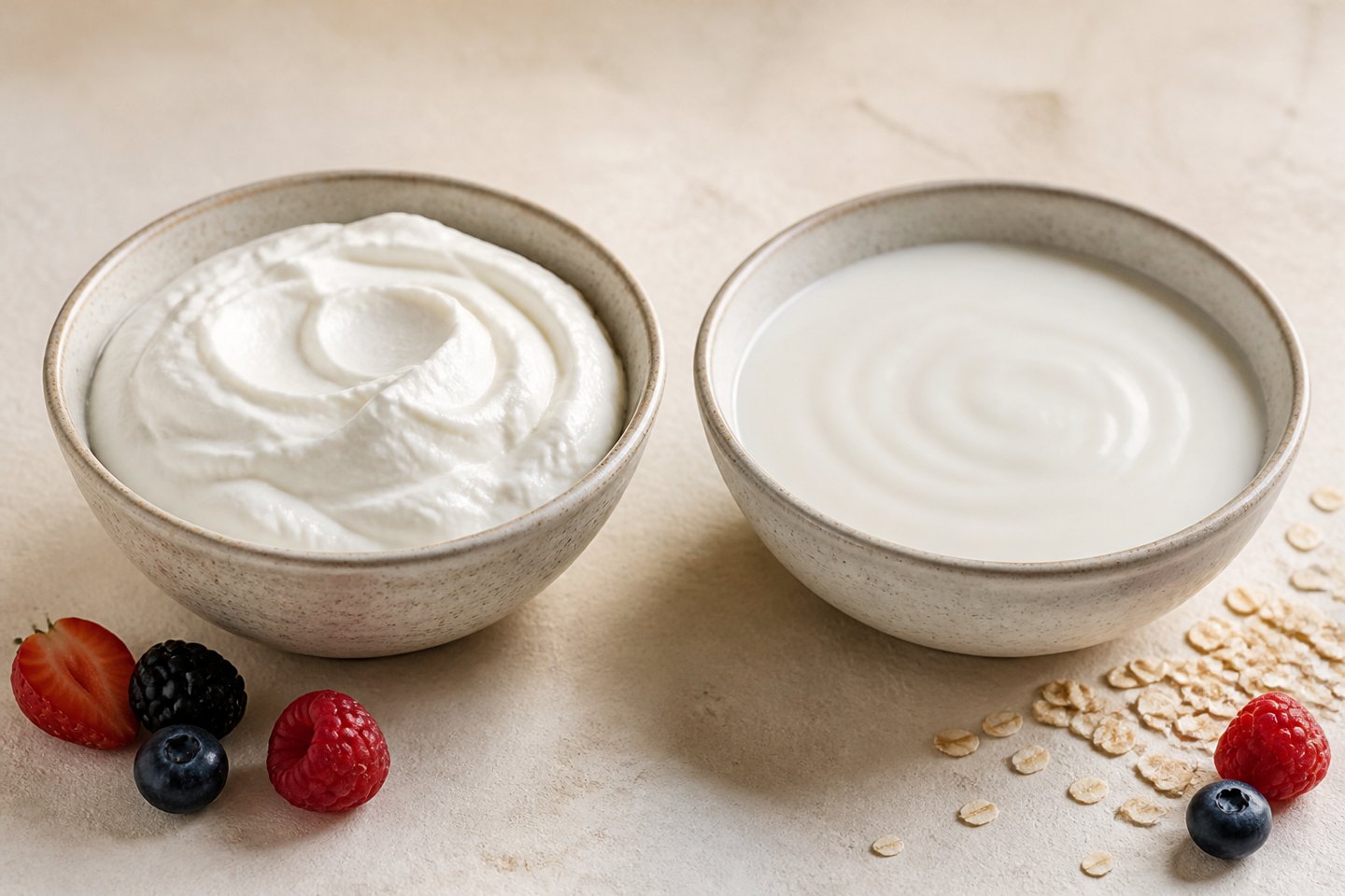 Bowls of thick Greek yogurt and smooth regular yogurt beside berries and oats