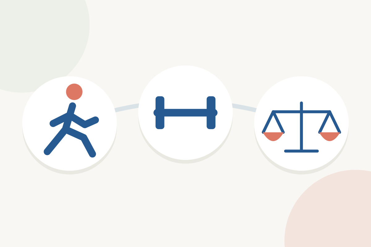 Illustration of walking, strength training, and balance.