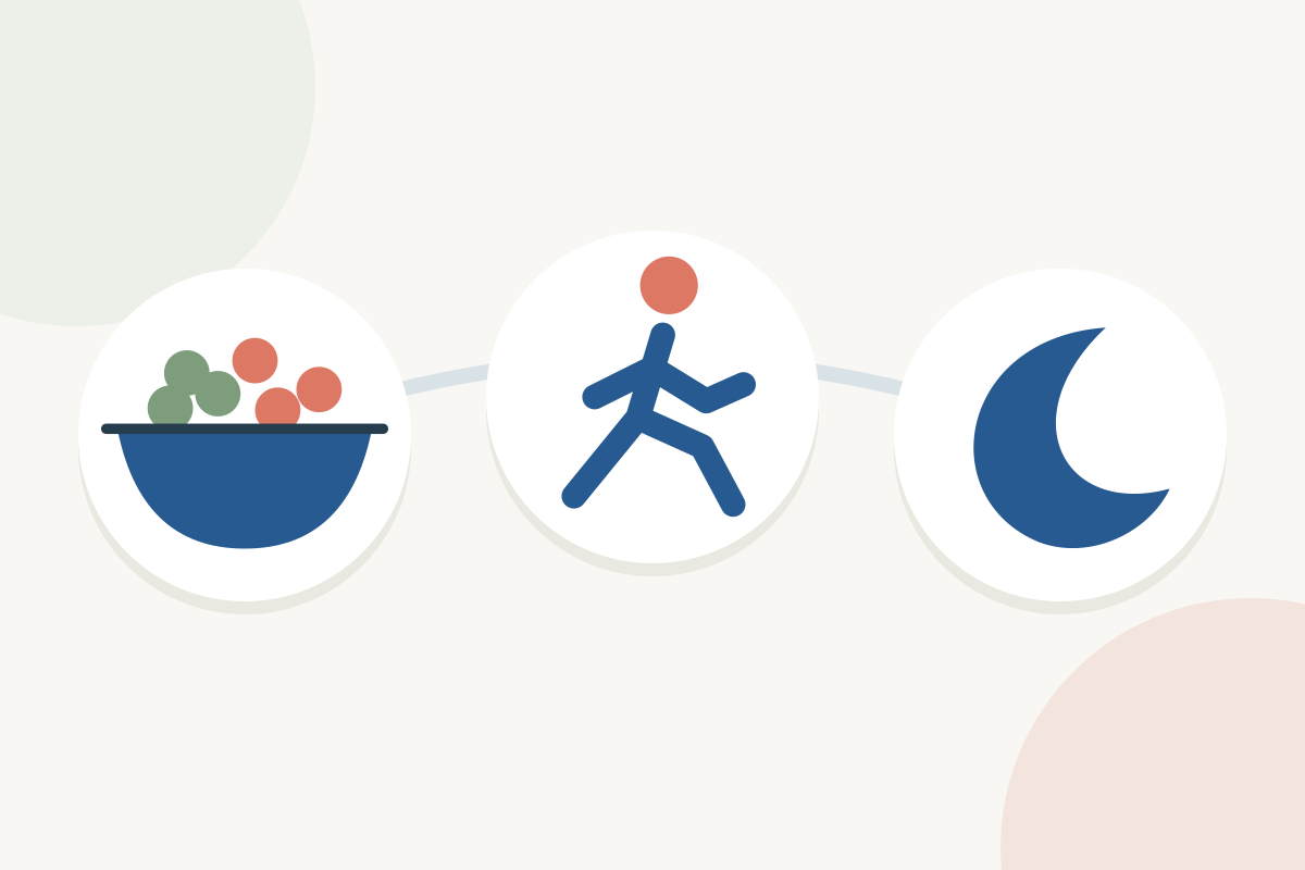 Illustration of a balanced meal, a person walking, and a crescent moon.