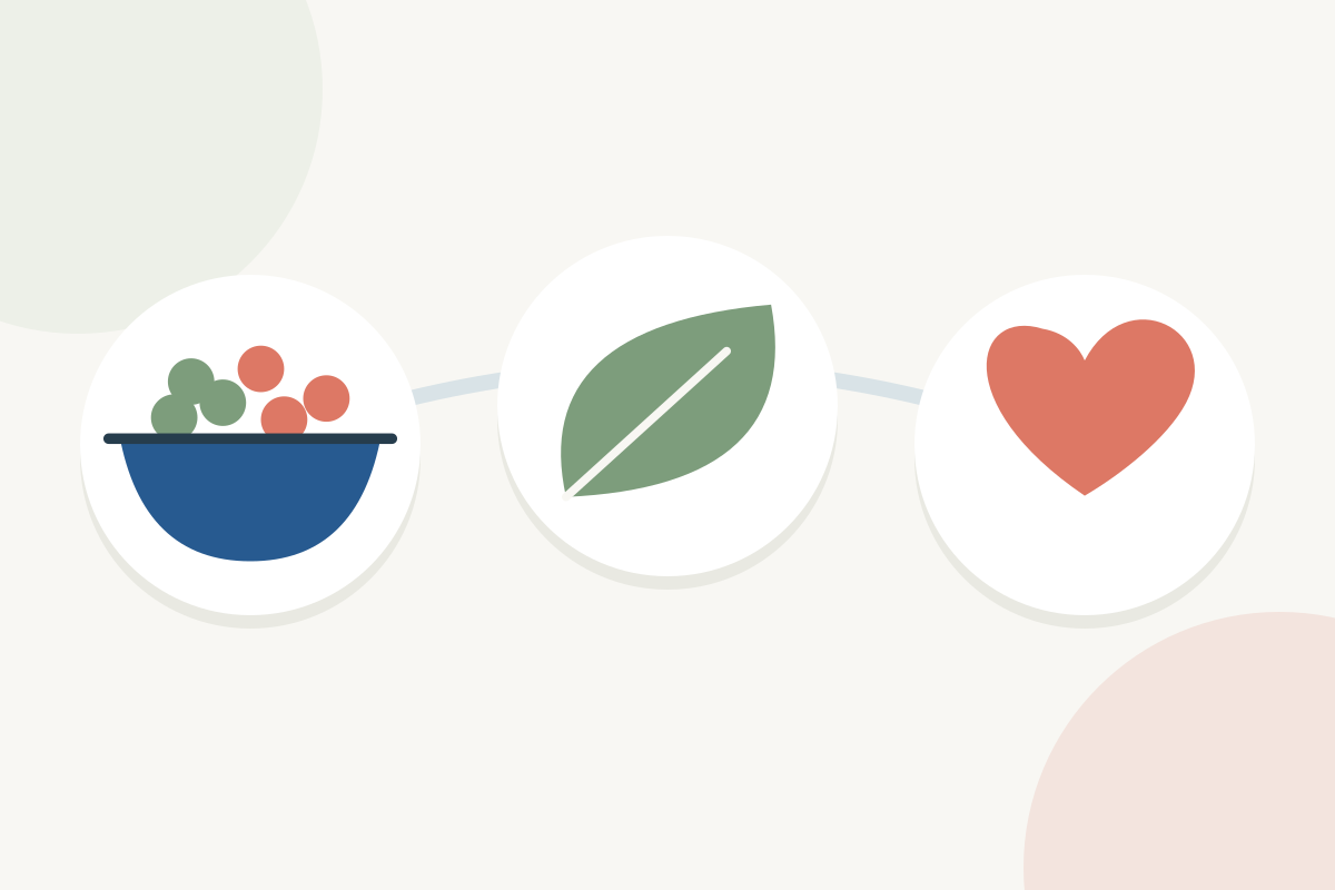 Illustration of a bowl of plant foods, a leaf, and a heart.