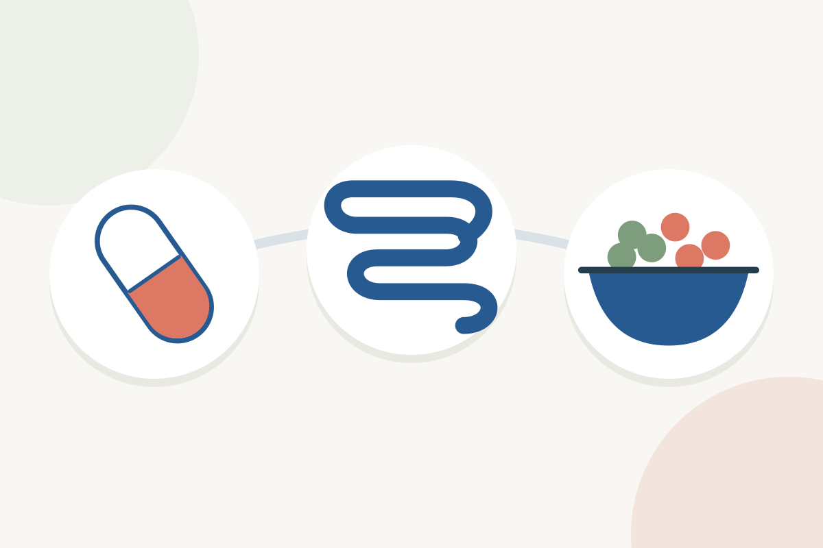 Illustration of a capsule, the gut, and a bowl of food.
