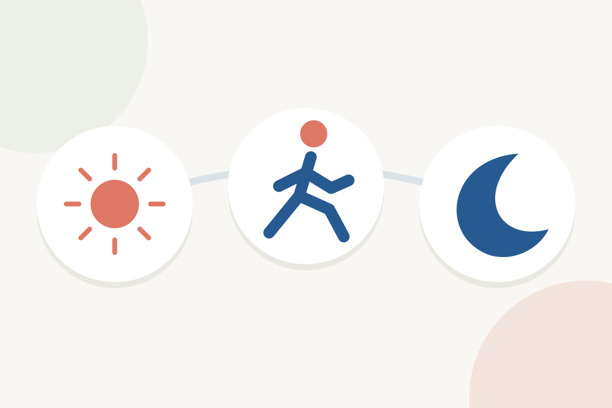 Illustration of the morning sun, a person walking, and an evening moon.