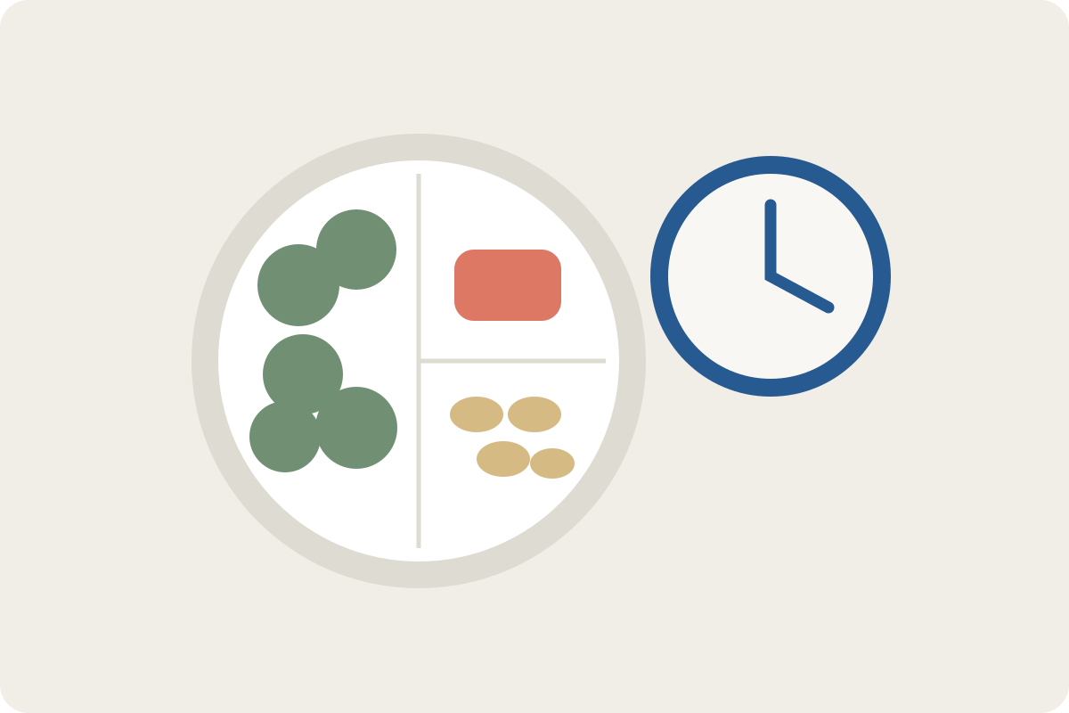 Illustration of a balanced plate of vegetables, grains, and protein beside a clock.
