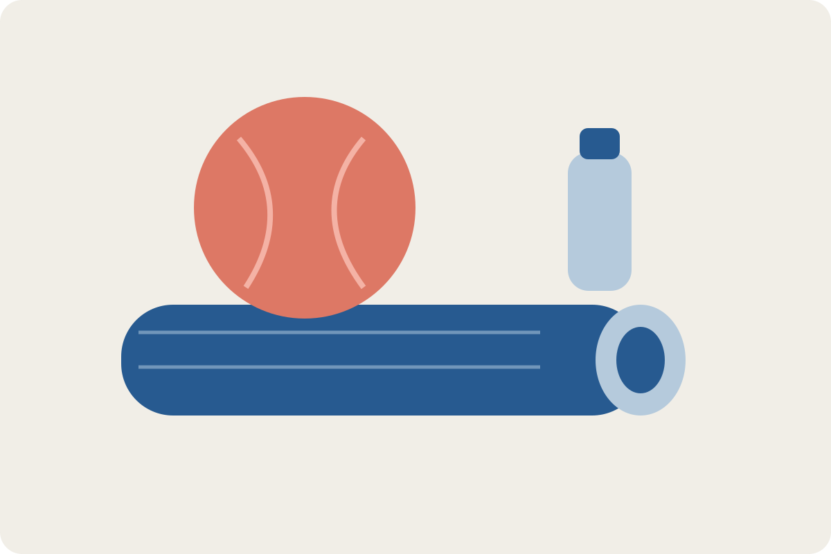 Illustration of a rolled blue exercise mat, a coral exercise ball, and a water bottle.