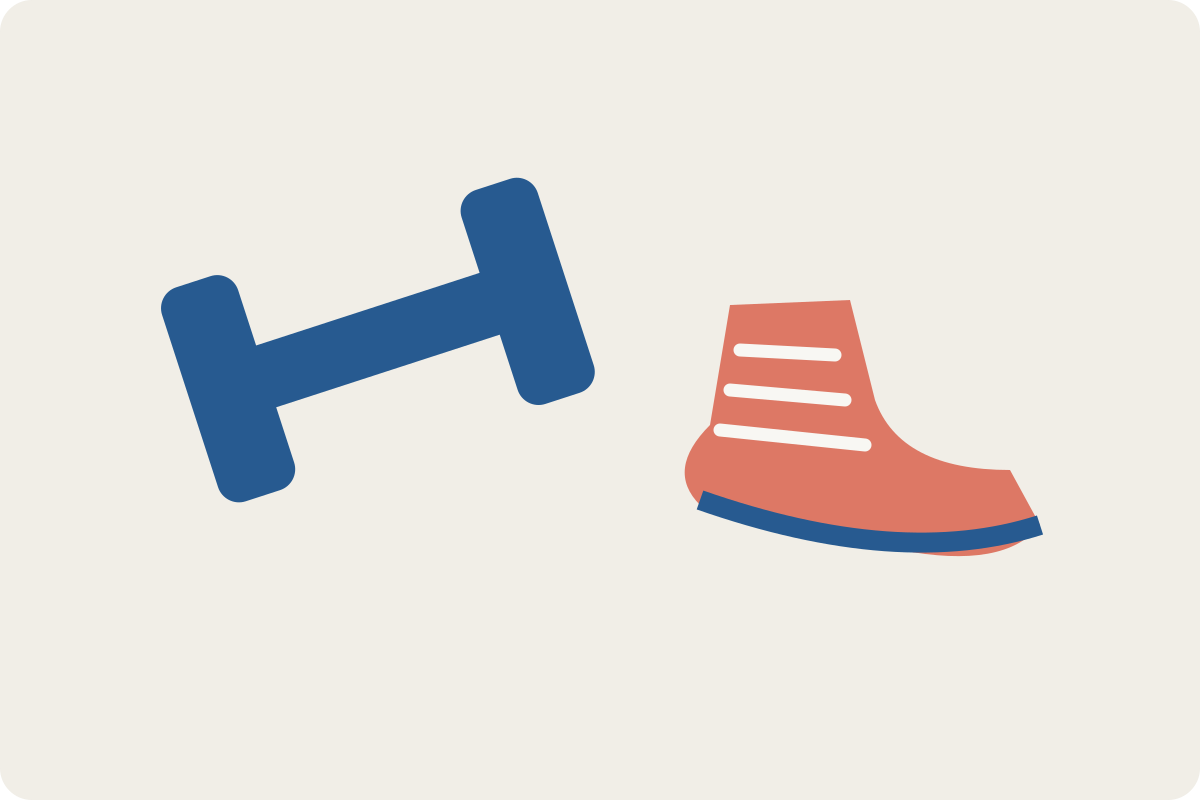 Illustration of a blue dumbbell alongside coral walking shoes, representing complementary types of activity.