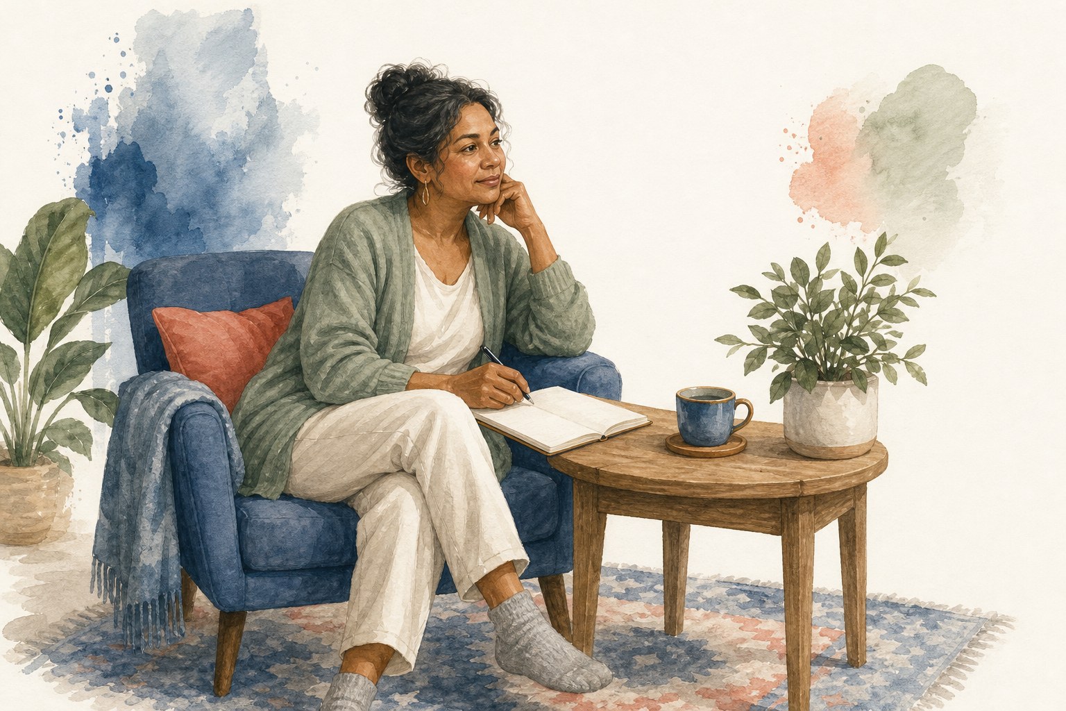 An adult seated comfortably with a notebook beside a table, planning the day in a calm room.