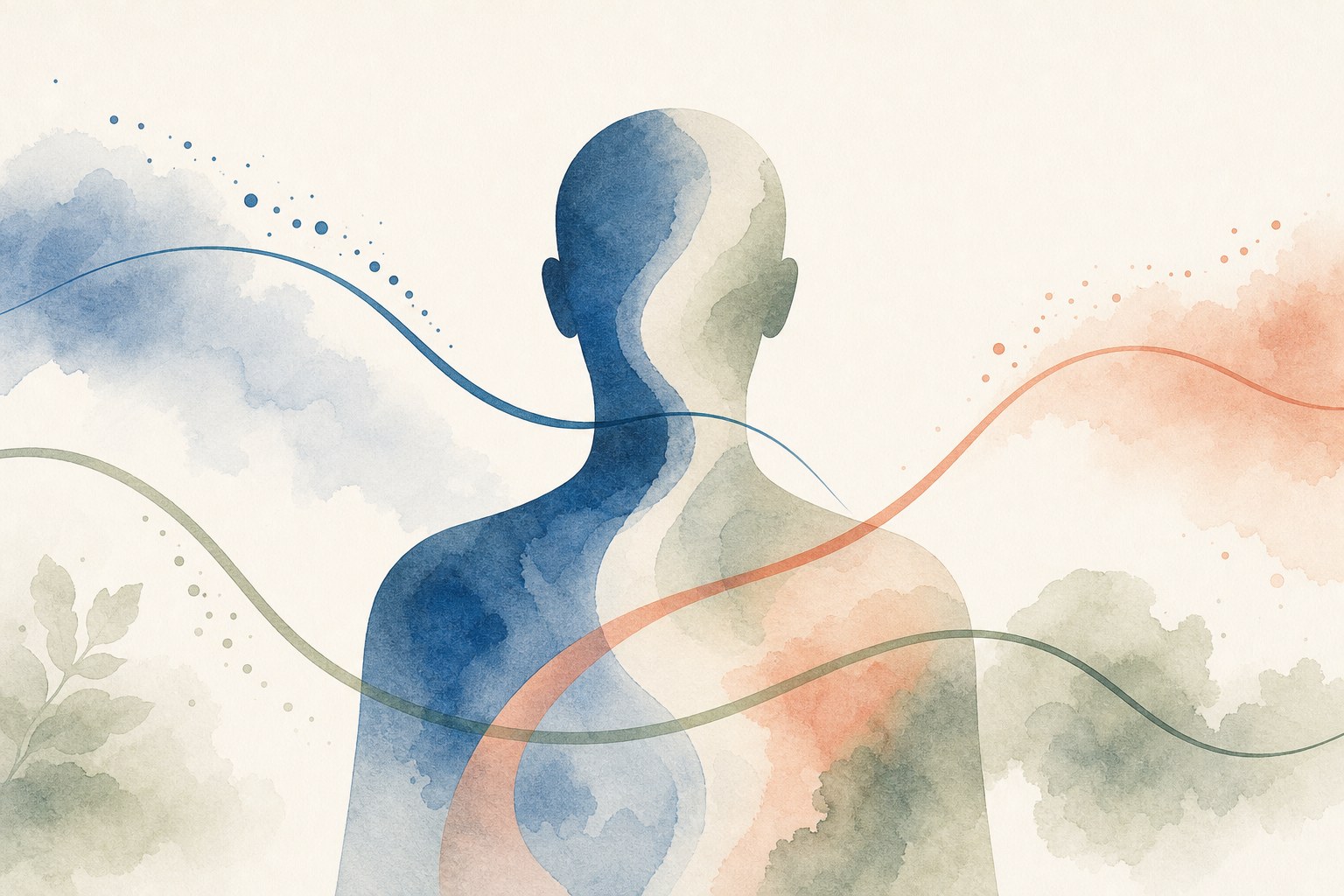 Abstract watercolor silhouette with blue, coral, and sage paths suggesting different experiences of pain.
