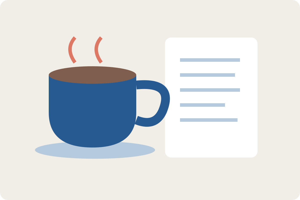 Editorial illustration of a blue coffee cup, coffee beans, and a research page.