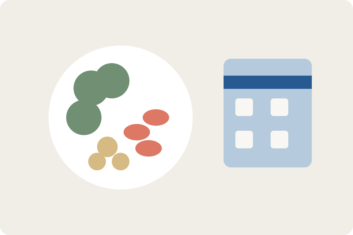 Editorial illustration of a varied plate of vegetables, grains, and beans beside a calendar.